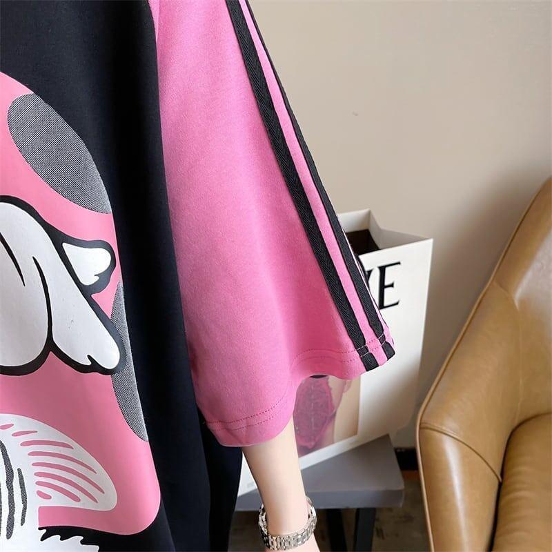 好感度UP グラフィック ストライプ柄 ラグランTシャツ ゆったり ワンピース＜U-3994＞