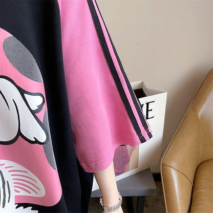 好感度UP グラフィック ストライプ柄 ラグランTシャツ ゆったり ワンピース＜U-3994＞