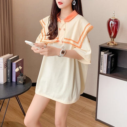 絶対欲しい ロング セーラーカラー Tシャツ 三色 ゆったりワンピース＜U-4028＞
