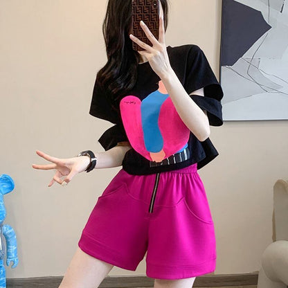 着回し力抜群 上質 好感度UP プリント 半袖Ｔシャツ ショートパンツ セットアップ <U-8859>