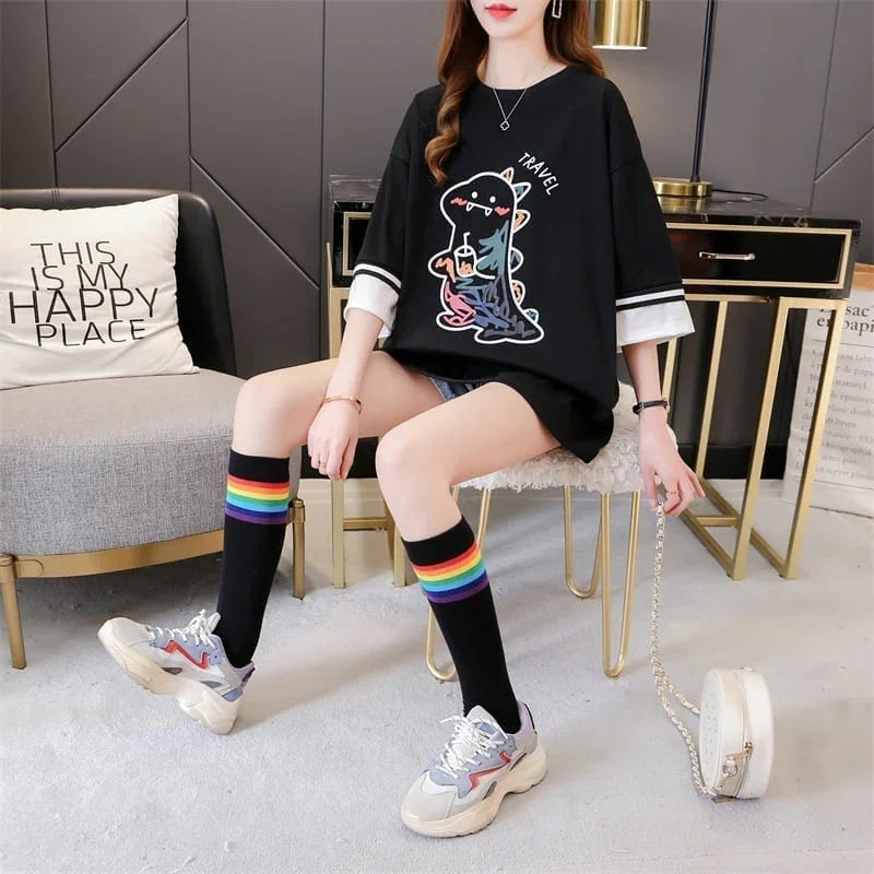 合わせやすい アルファベット ラウンドネック プリントTシャツ ゆったり ワンピース＜U-3992＞