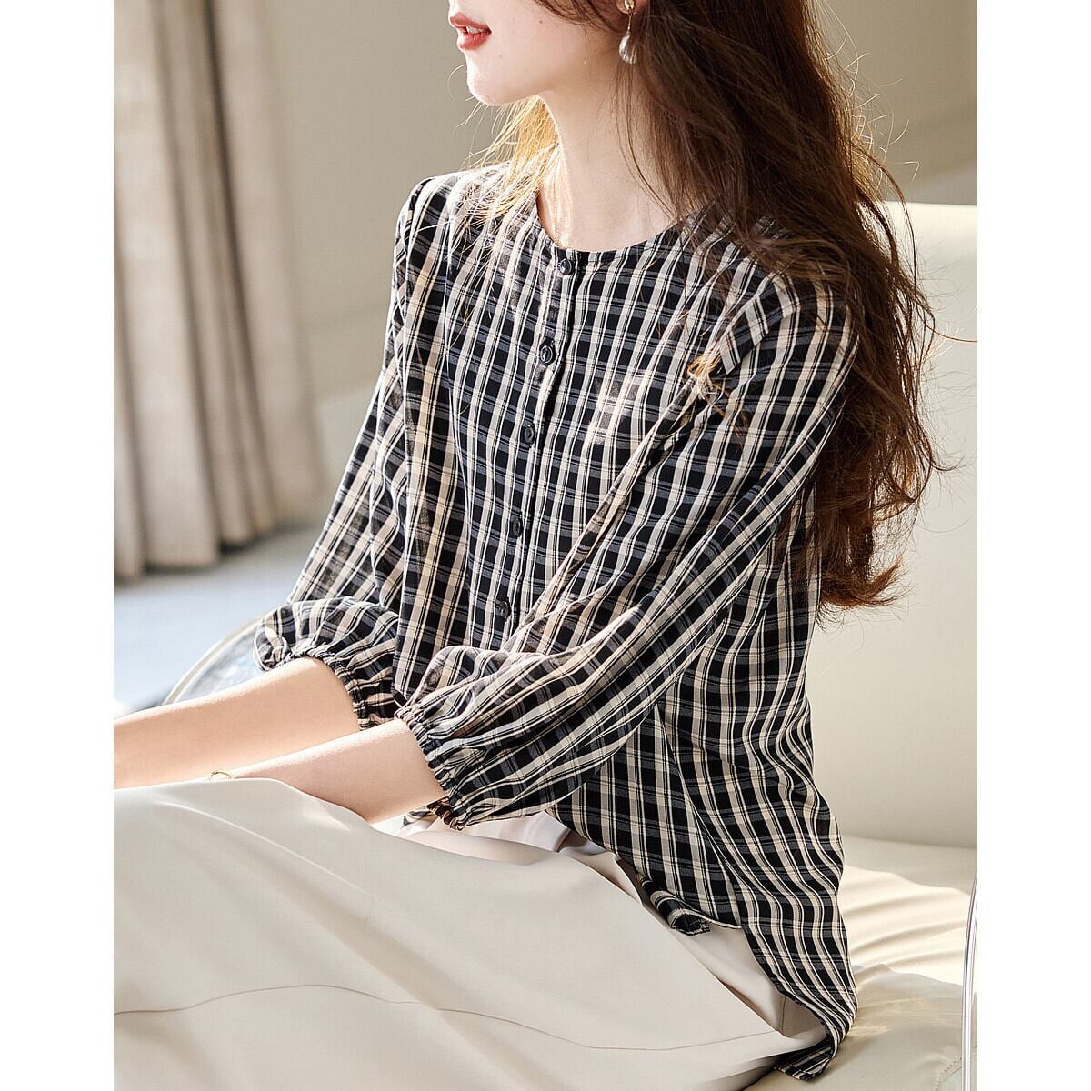 定番シンプル エレガント ゆったり感アップ チェック柄 Tシャツ カットソー＜U-8368＞