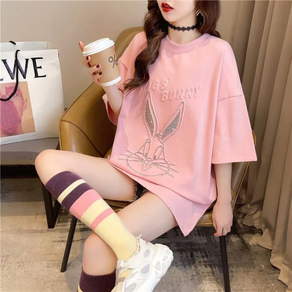 美人度アップ ウサギ ビジュー ロング Tシャツ 三色 ゆったり半袖＜U-2945＞