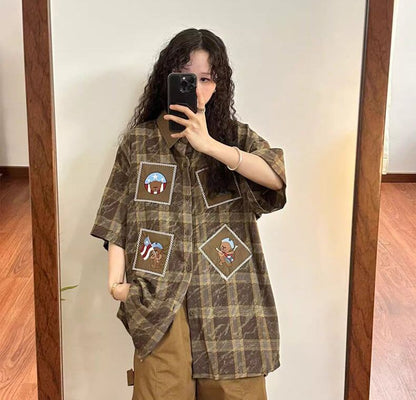 大活躍 刺繍 特別デザイン チェック柄 2色選択 半袖シャツ＜U-8881＞