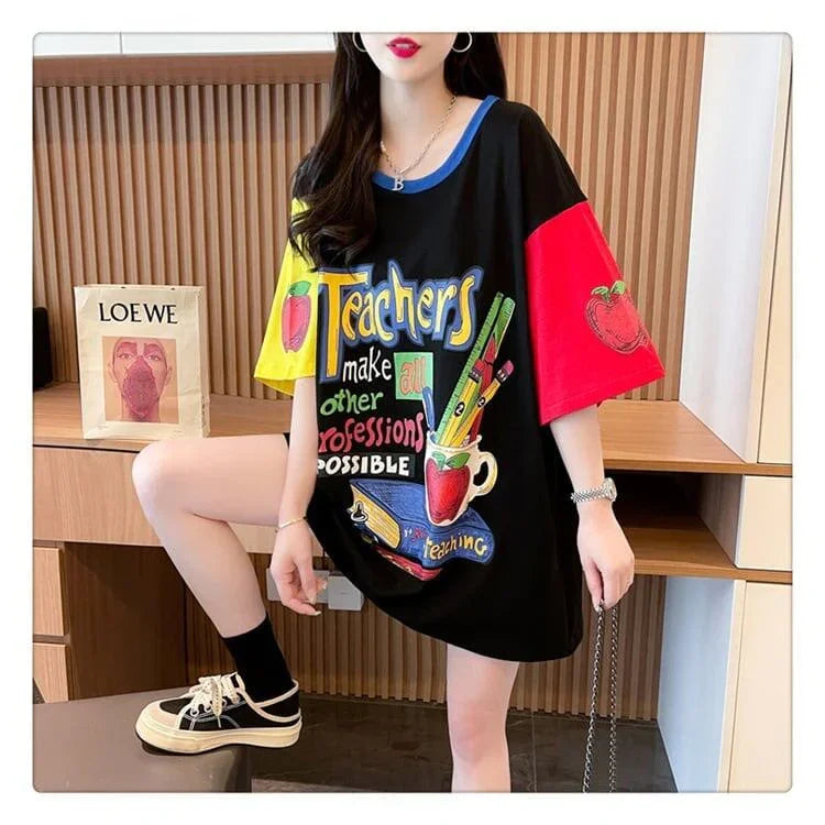 大注目 ドロップショルダー 落書き カラーマッチング プリントTシャツ ゆったり半袖 ＜U-3010＞