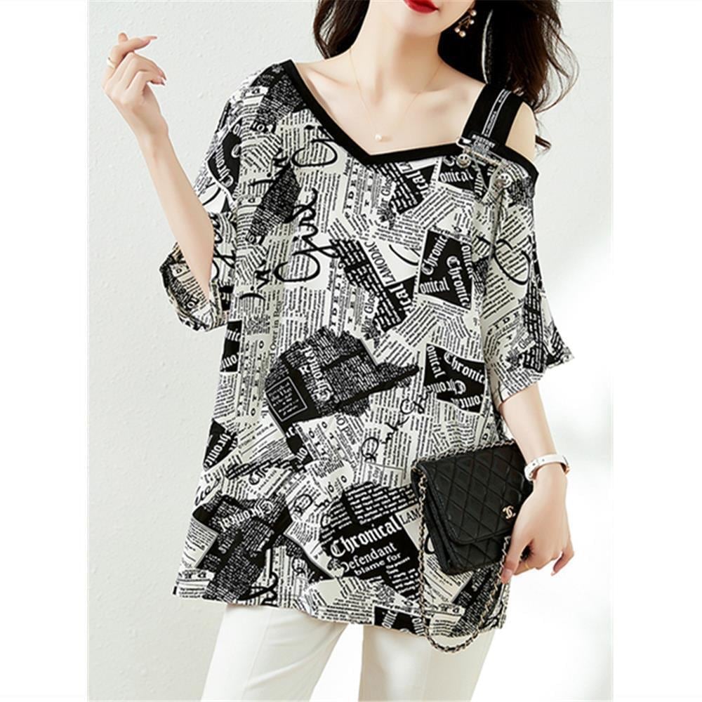 【半額！期間限定！！】絶対流行 特別デザイン 個性派 シフォン プリント 半袖Tシャツ＜U-8610＞