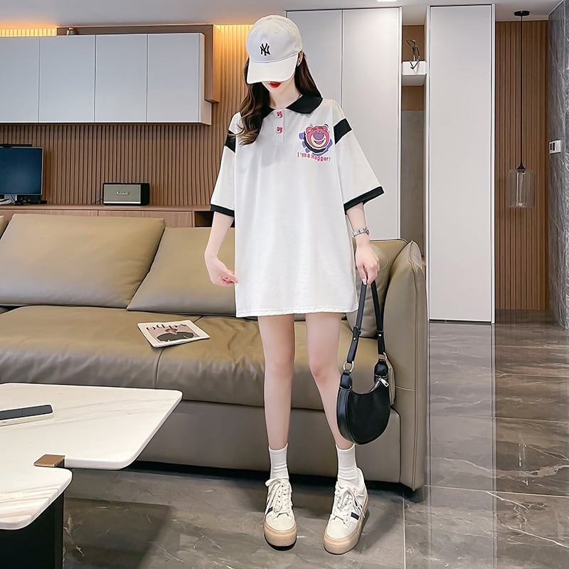 POLOネック 切り替え 熊柄 ロング プリント Tシャツ 二色 ゆったりワンピース ＜U-3020＞