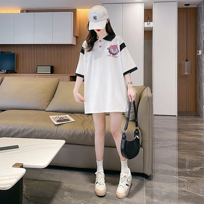 POLOネック 切り替え 熊柄 ロング プリント Tシャツ 二色 ゆったりワンピース ＜U-3020＞