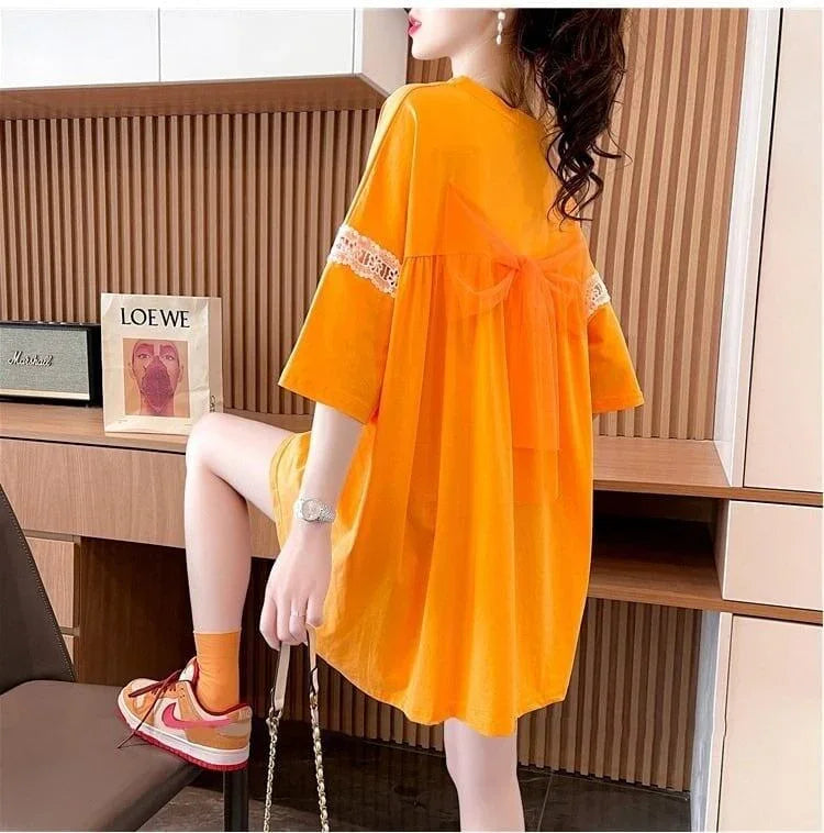 着心地良い レース切り替え リボン プリントTシャツ ゆったり半袖＜U-2889＞