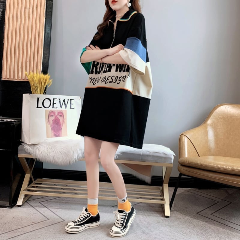 韓国系 切り替え POLOネック ファスナー ロング Tシャツ 二色 ゆったりワンピース ＜U-3015＞