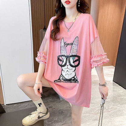 着回し力抜群 チュール 新作 切り替え ピンク プリント スパンコール プリント全3色 半袖Tシャツ カットソー ＜U-8557＞
