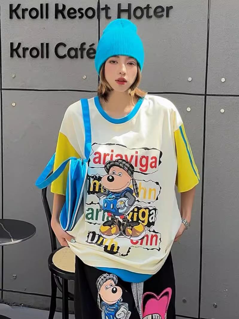 話題沸騰中 ゆったり カジュアル プリント カラーマッチング 半袖Tシャツ＜U-8067＞