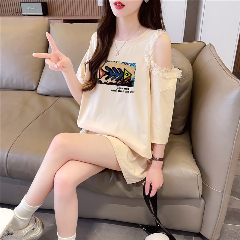 おしゃれ度高め レース 美人度アップ 切り替え プリント全4色 Tシャツ カットソー＜U-9213＞