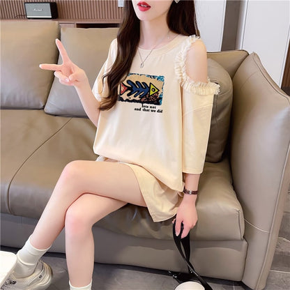 おしゃれ度高め レース 美人度アップ 切り替え プリント全4色 Tシャツ カットソー＜U-9213＞