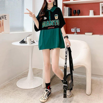 ファッションカジュアルネットレッドルーズポロカラー半袖Tシャツ<U-2856>