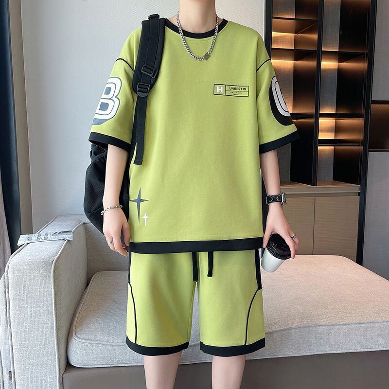 早い者勝ち カジュアル ファッション 切り替え 全3色 半袖Ｔシャツⅹパンツセット<U-8950>