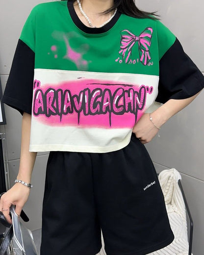 着回し力抜群 切り替え三色 韓国系 ゆったり半袖Tシャツ ＜U-8455＞