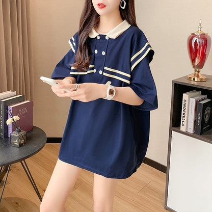絶対欲しい ロング セーラーカラー Tシャツ 三色 ゆったりワンピース＜U-4028＞