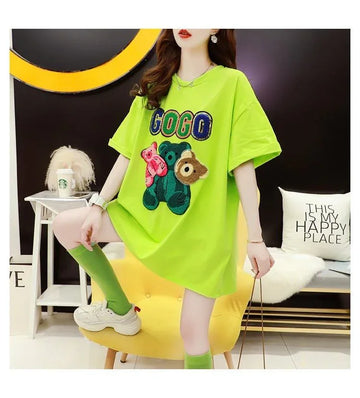 重工業スパンコール外国風おしゃれ植毛刺繍クマ半袖Tシャツ<U-2911>