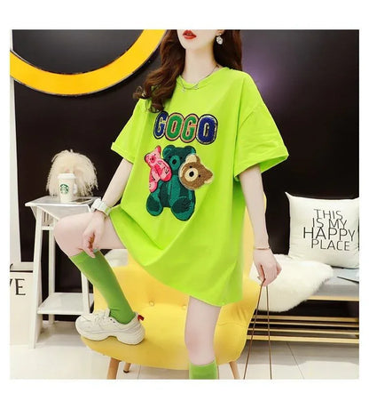 重工業スパンコール外国風おしゃれ植毛刺繍クマ半袖Tシャツ<U-2911>