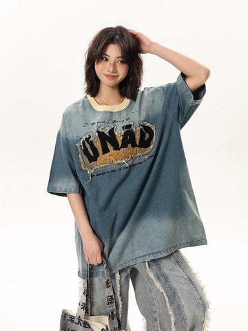 話題沸騰中 絶対流行 売れ筋 早い者勝ち カジュアル デニム 2色選択 Tシャツ<U-11179>