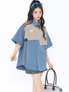 期間限定 ファッション 個性派 レイヤード風 切り替え プリント全3色 男女兼用 半袖Tシャツ<U-9044>