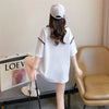 美人度アップ 折り襟 ワッフル ぬいぐるみ付き ロング Tシャツ ゆったり半袖 ＜U-2930＞