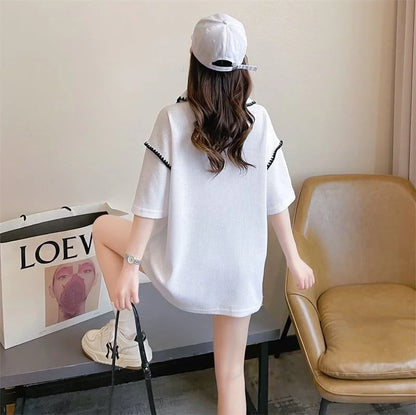 美人度アップ 折り襟 ワッフル ぬいぐるみ付き ロング Tシャツ ゆったり半袖 ＜U-2930＞