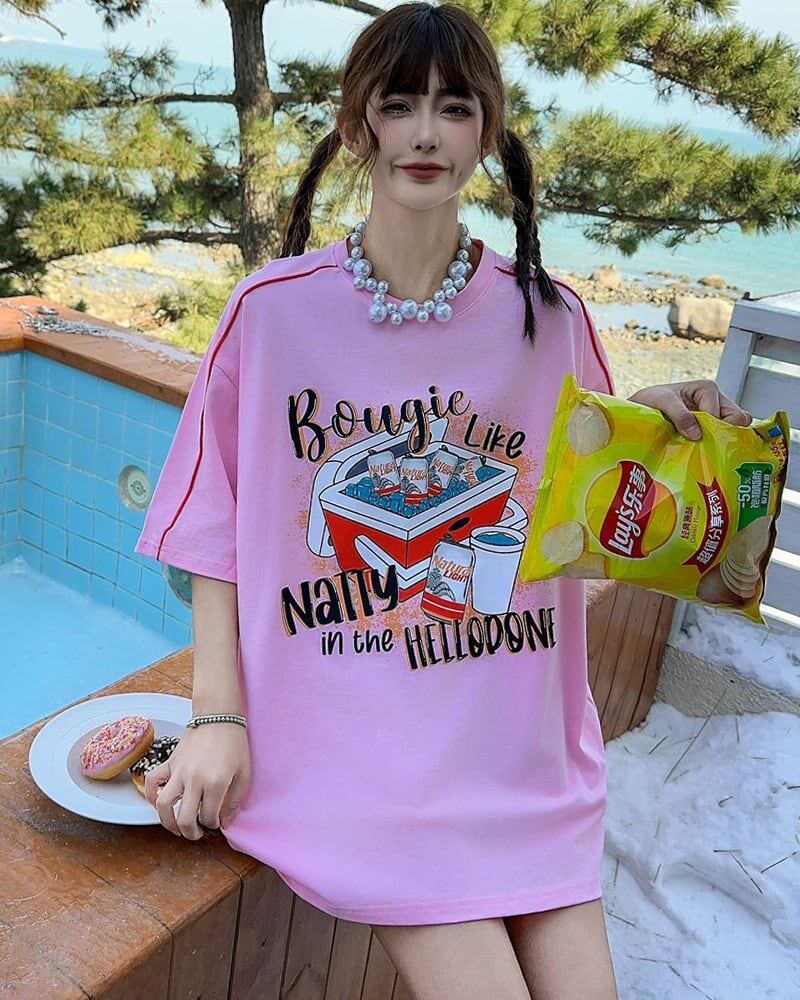 着せ ゆったり ビッグロゴ ロングTシャツ 半袖 ワンピース<U-4859>