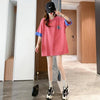 韓国系 ドロップショルダープリント ラウンドネック ロング Tシャツ 三色 ゆったり半袖＜U-3011＞