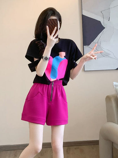 着回し力抜群 上質 好感度UP プリント 半袖Ｔシャツ ショートパンツ セットアップ <U-8859>