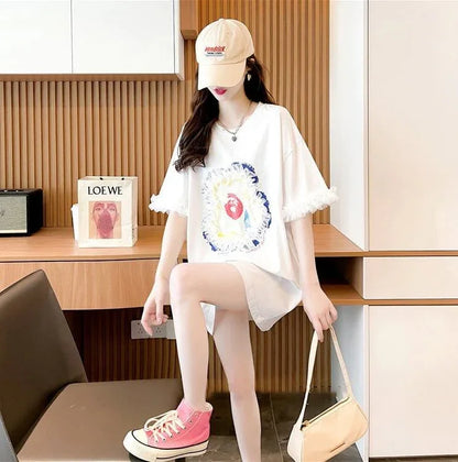 デザインセンスレースステッチTシャツ半袖新しいスタイル<U-2932>