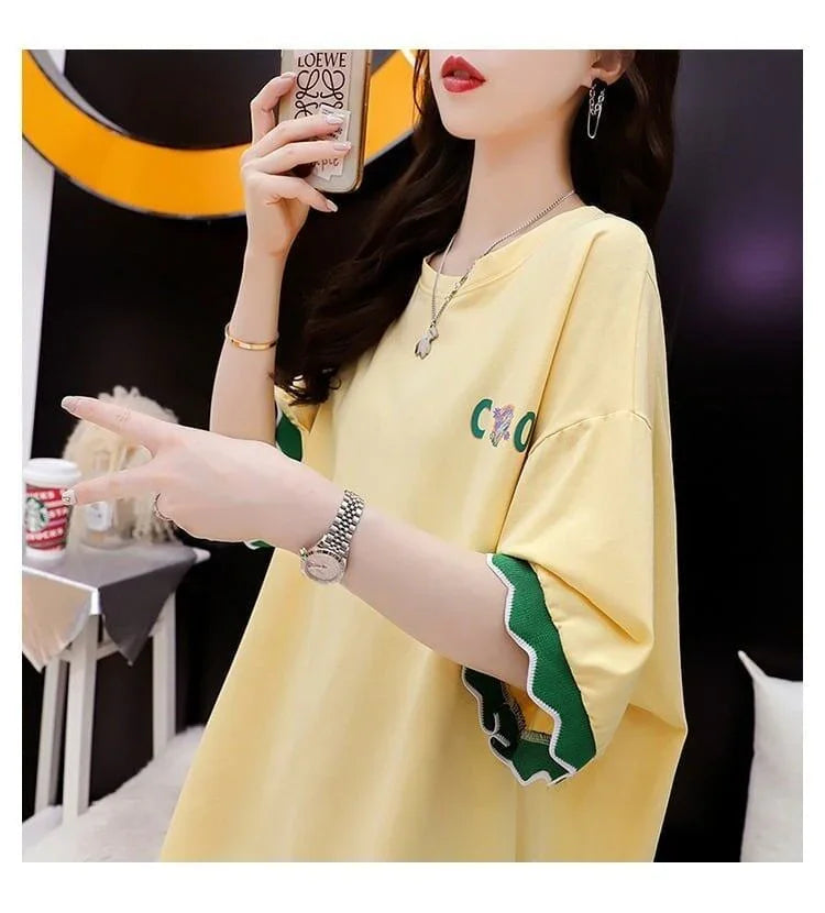 アルファベット プリント ドロップショルダー ロングTシャツ ゆったり＜U-2888＞