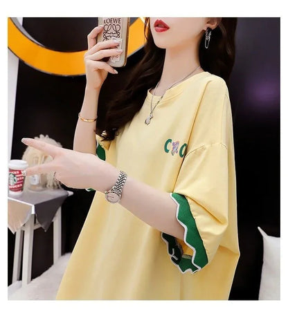 アルファベット プリント ドロップショルダー ロングTシャツ ゆったり＜U-2888＞