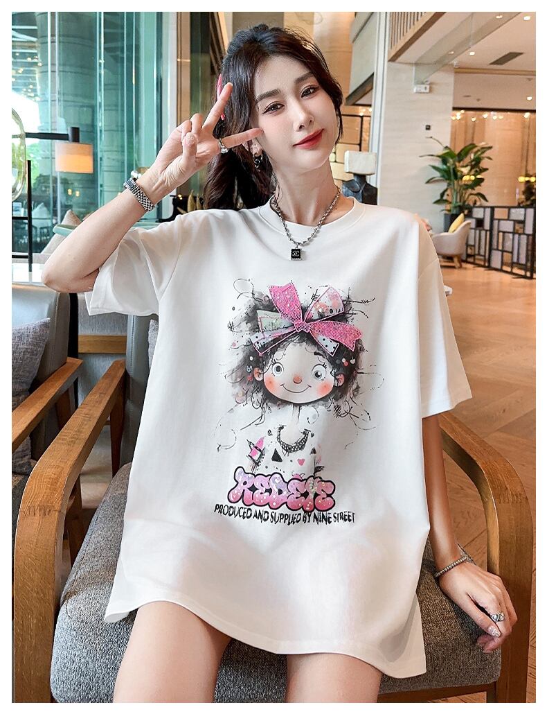 好感度UP ピンク カジュアル プリント スパンコール プリント ゆったり 半袖 Tシャツ＜U-8705＞