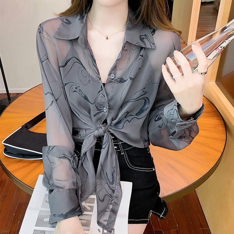 好感度満載 日焼け対策 透け感 POLOネック シャツ ブラウス＜U-3030＞