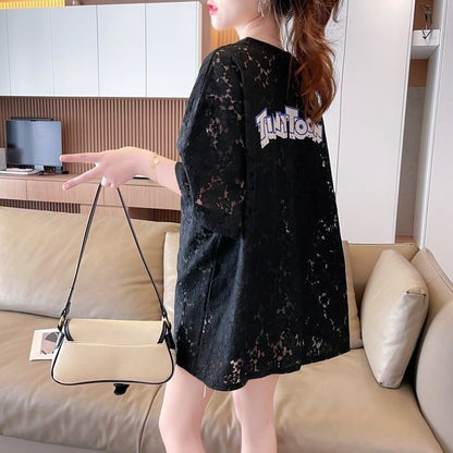ハイエンドデザインセンスレース中空ルーズミドル丈半袖Tシャツ<U-3035>