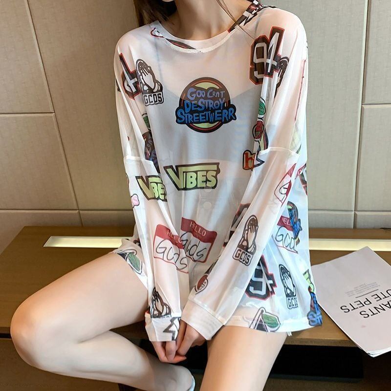 超人気 ルーズ 個性派 日焼け防止に透け感 Tシャツ＜U-8052＞