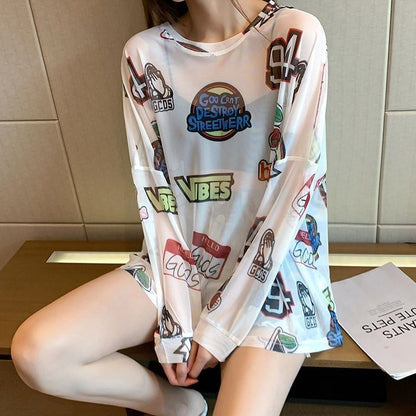 超人気 ルーズ 個性派 日焼け防止に透け感 Tシャツ＜U-8052＞