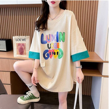 絶対欲しい プリント ラウンドネック 切り替え 全2色 半袖Tシャツ ＜U-8672＞