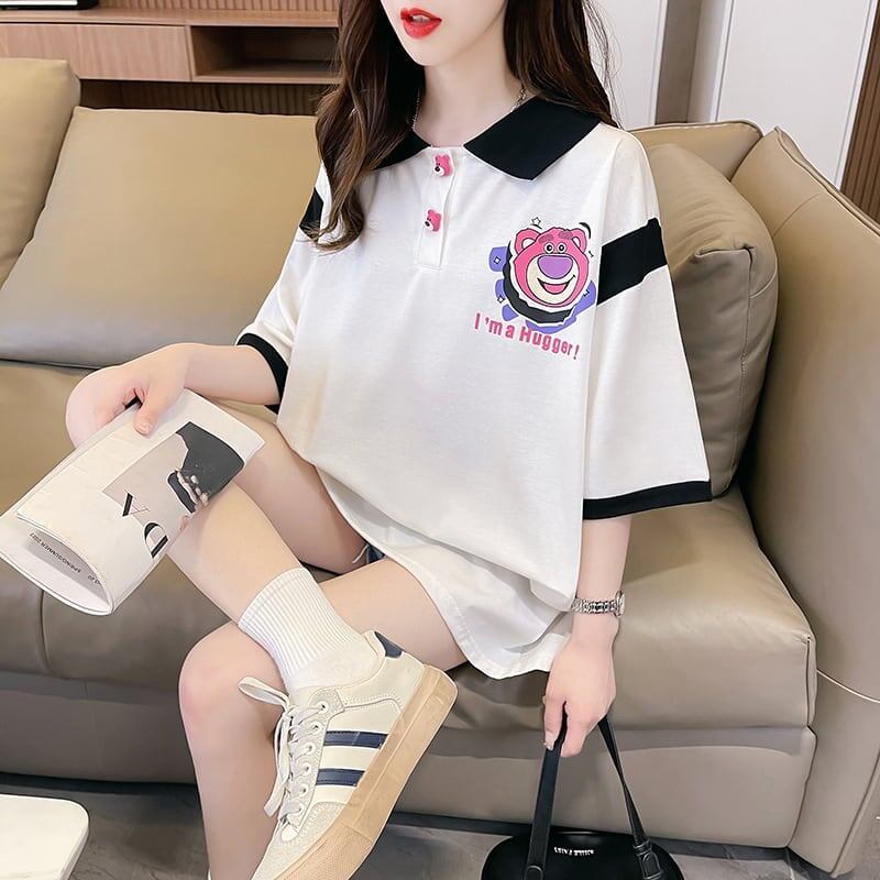 POLOネック 切り替え 熊柄 ロング プリント Tシャツ 二色 ゆったりワンピース ＜U-3020＞