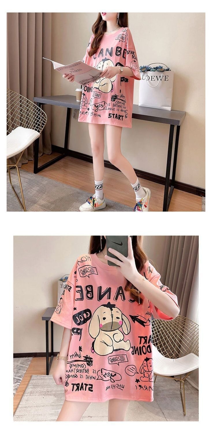 早い者勝ち キュート ファッション ルーズ プリント半袖Tシャツ 全3色<U-4894>