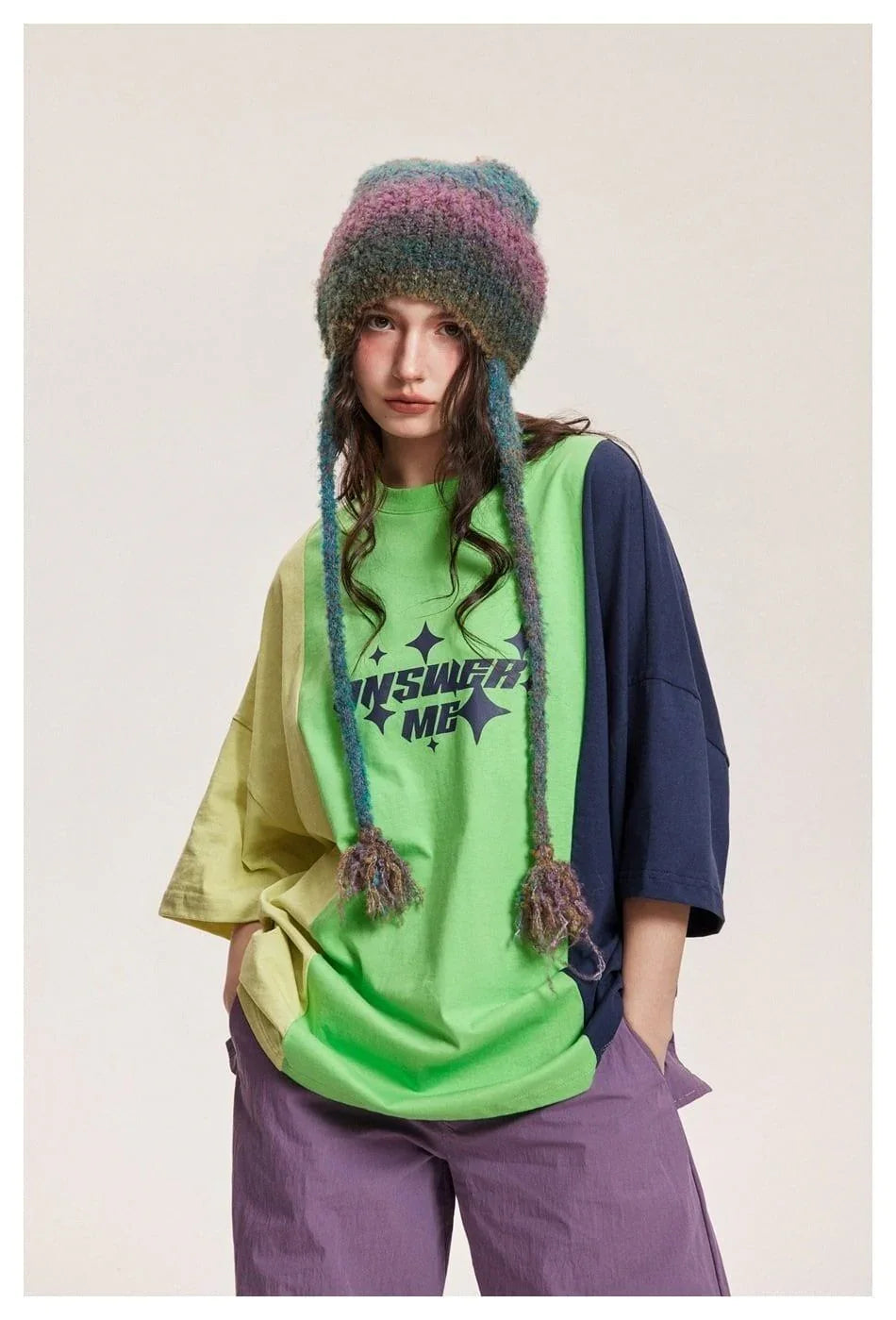 タイドブランドデザインセンス配色レトロプリントコットンTシャツ<U-2899>