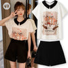 美人度アップ シフォン スウィート 半袖 Tシャツ ショートパンツ セットアップ ＜U-9234＞