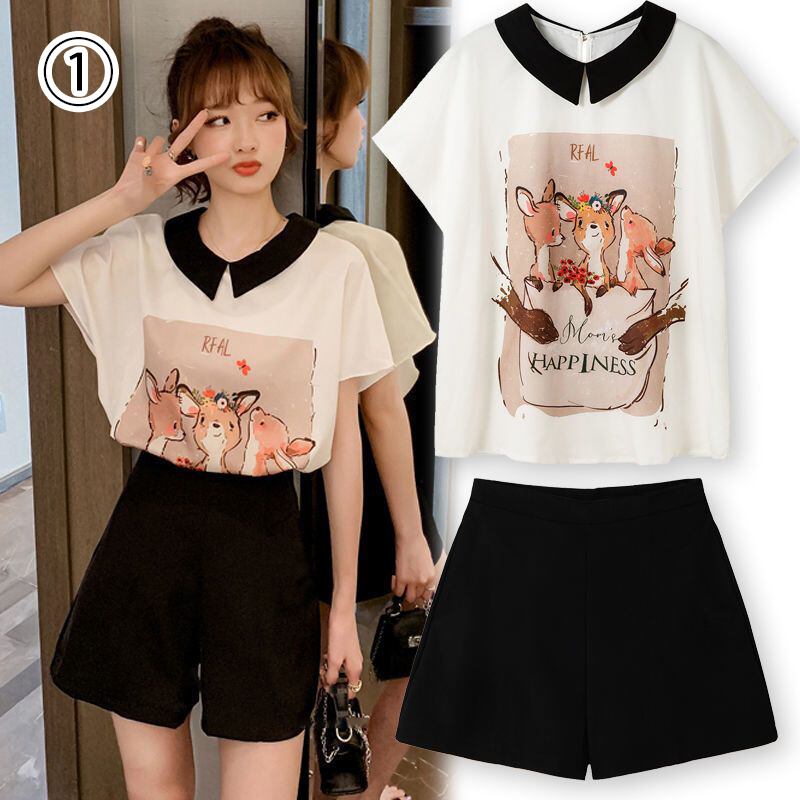 美人度アップ シフォン スウィート 半袖 Tシャツ ショートパンツ セットアップ ＜U-9234＞