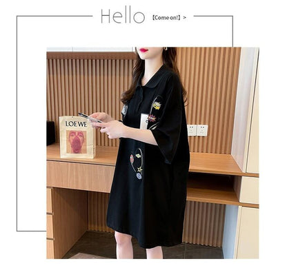 POLOネック 切り替え ストライプ柄 ロング Tシャツ ゆったりワンピース ＜U-3031＞