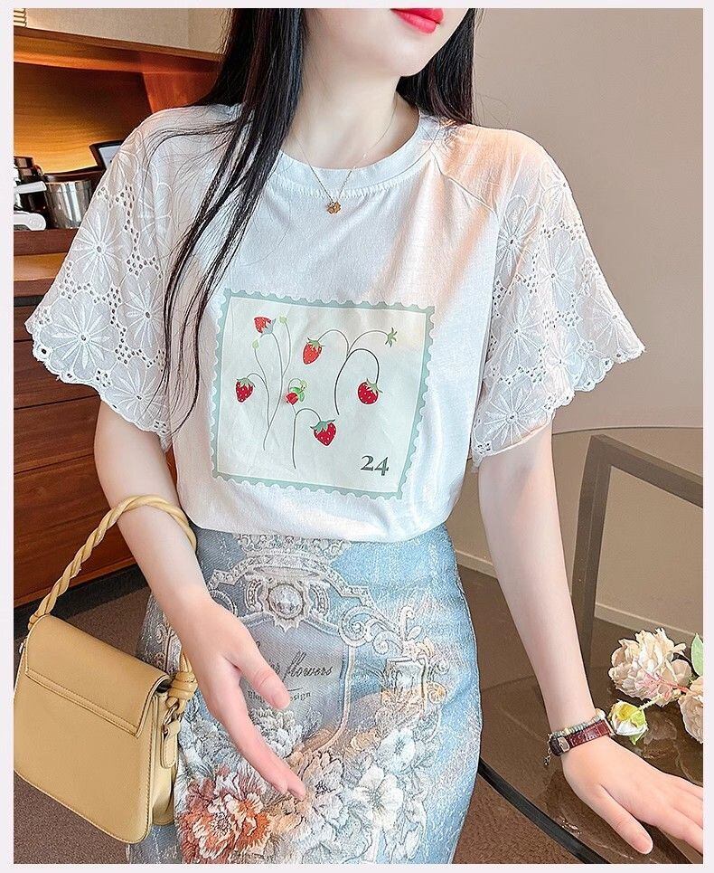 大好評 レース 上質 刺繍 切り替え 全2色 半袖Tシャツ＜U-8869＞