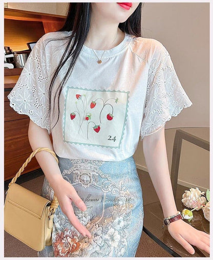 大好評 レース 上質 刺繍 切り替え 全2色 半袖Tシャツ＜U-8869＞