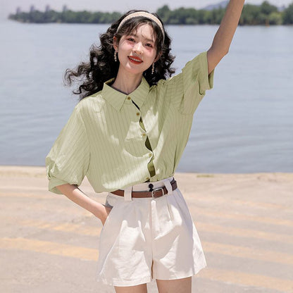 好感度UP 上質 美人度アップ 知的 ストライプ柄 3色選択 半袖シャツ＜U-9047＞