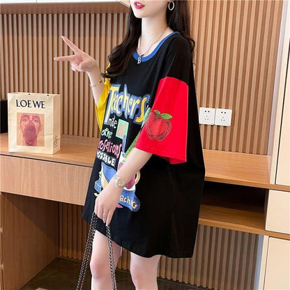 大注目 ドロップショルダー 落書き カラーマッチング プリントTシャツ ゆったり半袖 ＜U-3010＞